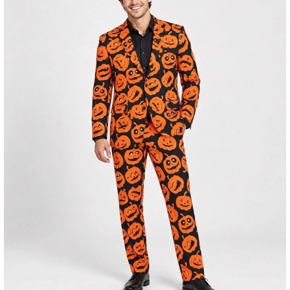Spirit Halloween Mens Pumpkin Jack O Lantern Suit Blazer Pants L 42 44 Costume